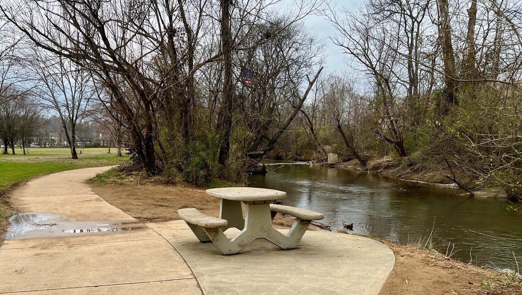 picnic table by creek
